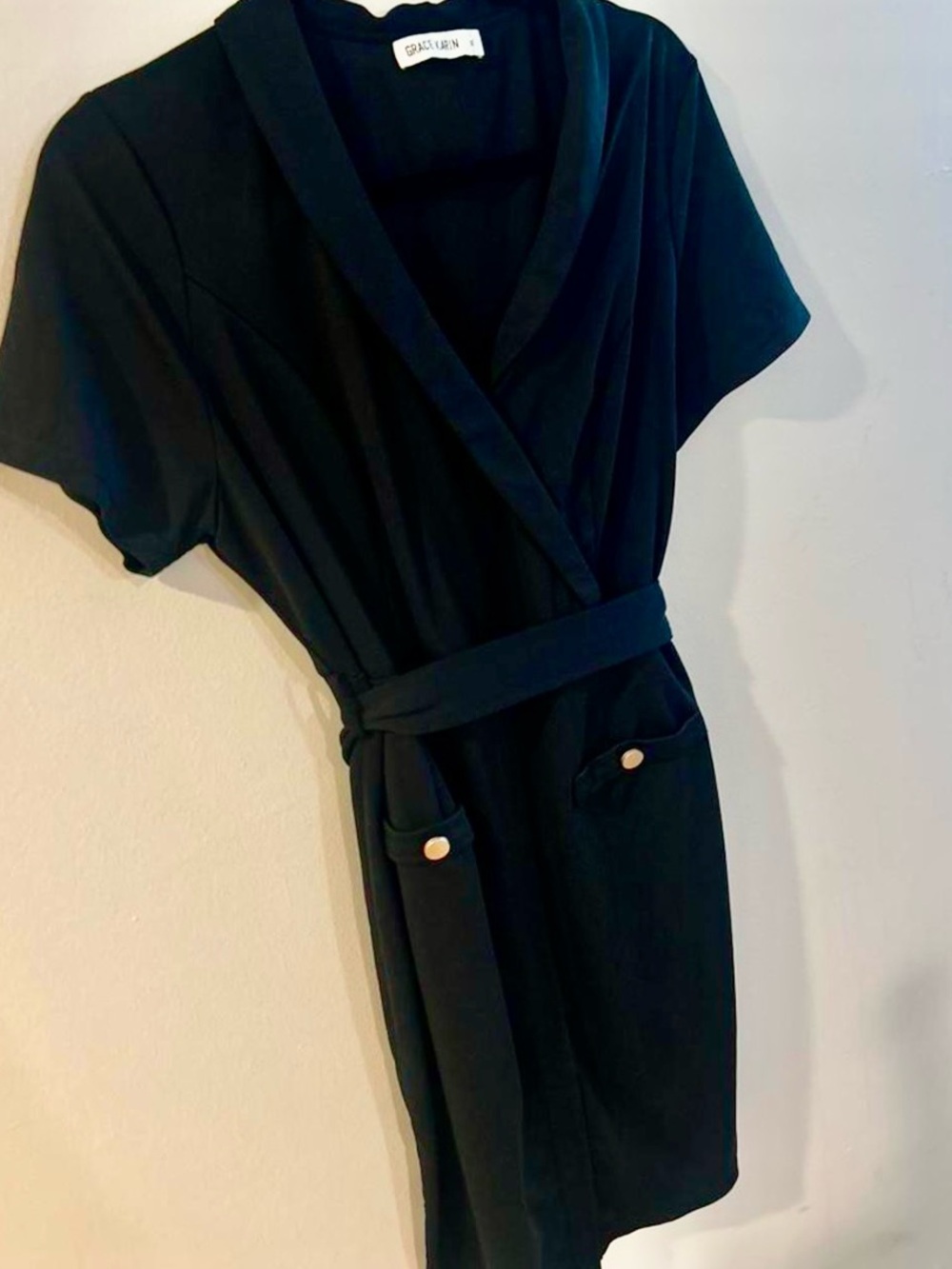 Grace Karin Black Mini Wrap Dress with Belt